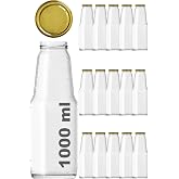 1000 ml Şeffaf Meyve Suyu Şişesi, Meşrubat, Limonata Şişesi Metal Kapaklı 1000 Cc Boş Cam Şişe (15, Altın Kapak, 1000, Milili
