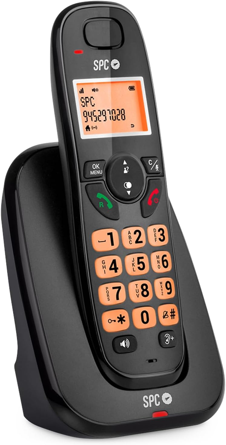 SPC Kairo - Teléfono Fijo inalámbrico, Teclas y Pantalla iluminadas, identificación de Llamadas, compatibilidad Gap, Modo Eco, Bloqueo de Llamadas, Manos Libres, Agenda para 30 contactos – Negro