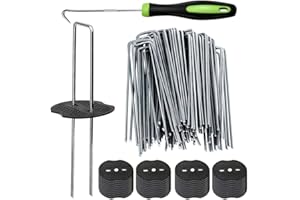 Bakulyor 50 Weed Control Membrane Pegs + 50 Buffer Washer, 6"/150mm Weed Mat Metal Garden Landscape Staples Artificial Grass Pins Ground Cover Mossing Fabric Artificial Barrier Pegs Accessories