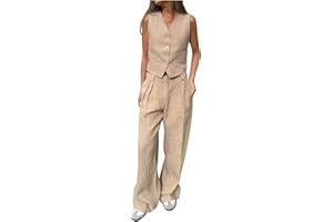DXANDN Ensemble Gilet Femme Coton Et Lin Pas Cher Soldes Costume Tailleurs Chic Et Elegant Survêtement Ete Ample Et Cool Ensemble Tenue Gilet + Pantalon Large Streetwear Vintage Mode Lâche Grande Taille