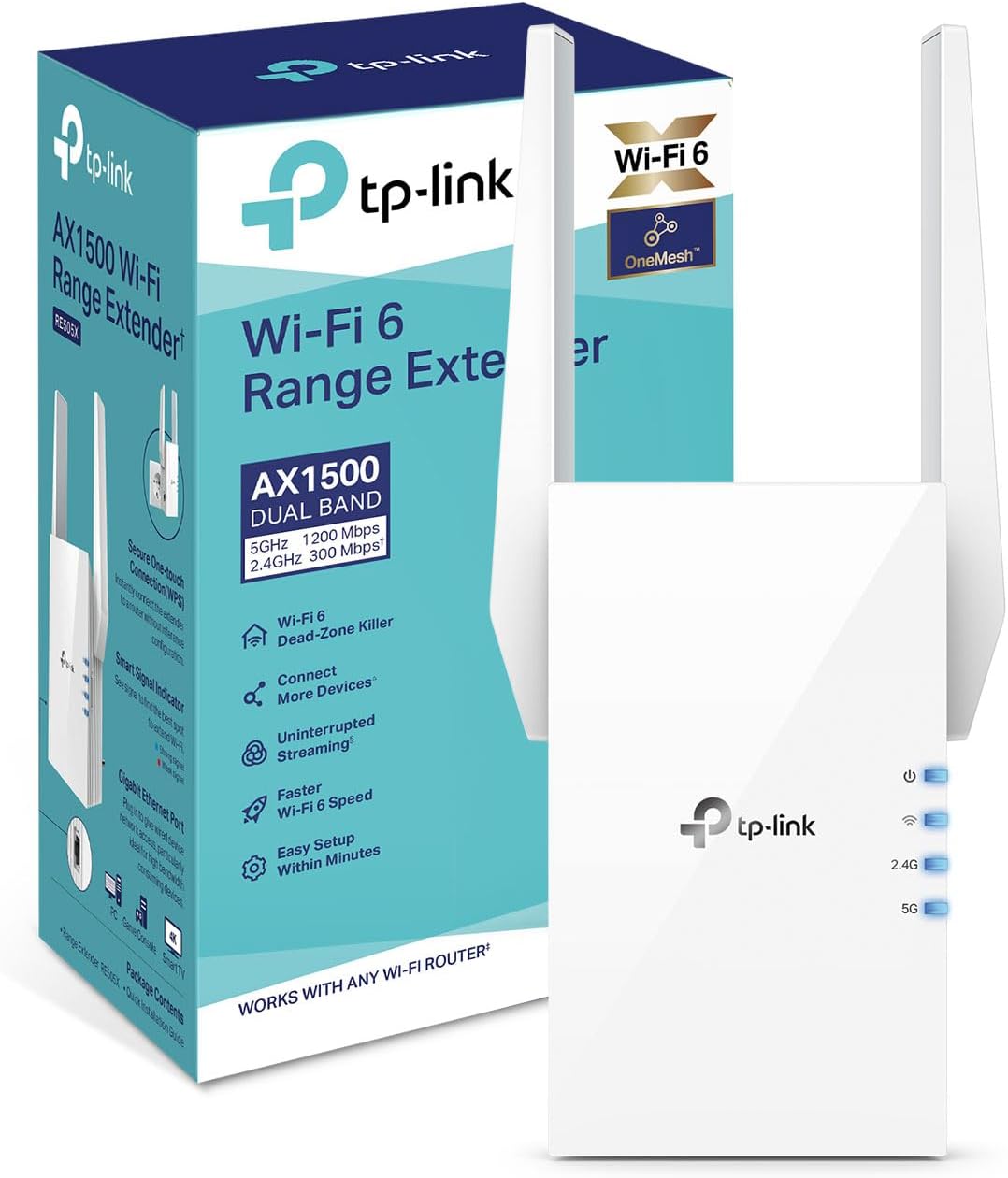 New TP-Link RE505X WiFi 6 Extender Booster AX1500, Dual-Band WiFi Repeater with Gigabit Ethernet, EasyMesh Compatible, Access Point Mode, App Setup