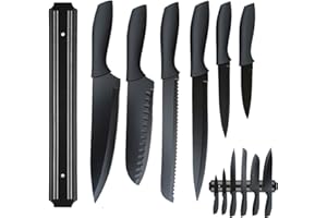 BFYLIN 7 Teiliges Messer Set,Küchen Messerset,Kochmesser,Santoku Messer,Gemüsemesser,Schälmesser,Scharfe Messer Edelstahl,Antihaftbeschichtete,Soft-Touch-Griffe Mit Magnetischem Messerhalter (Schwarz)