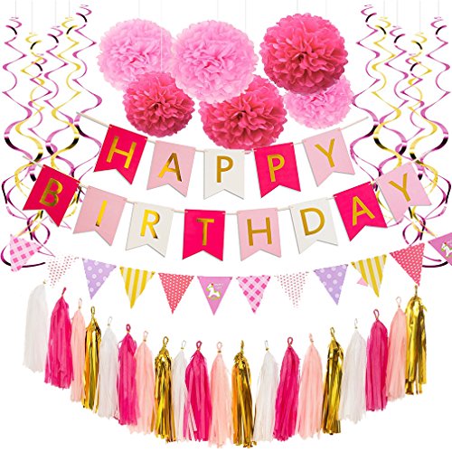 Alodidae Pink and Gold Birthday Decorations, Red and White Happy Birthday Banner with Gold Foil Letters, Pom Poms Flowers Kit, Hanging Swirl, Pennant Flags for 1st Birthday, Kids, Girl, Adult