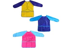 MEMOFYND Lot de 3 tabliers de peinture imperméables pour enfants avec poches pour enfants de 3 à 8 ans - Tablier de cuisine et bricolage - Convient pour la peinture, la cuisine, Rouge/jaune/bleu,