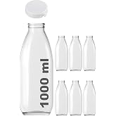 1000 ml Şeffaf S&uuml;rahi S&uuml;t, Ayran, Su, Limonata, Meşrubat Şişesi 1000 Cc Yırtmalı Kapaklı Cam Şişe 6 Adet (6, Beyaz Kilitli Ka
