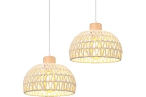 iDEGU 2 Piezas Lámparas Colgante Moderna, 25CM Lámpara de Techo Vintage en Madera y Ratán Estilo Escandinavo Iluminación Colgante E27 Retro Luz de Techo Interior para Salón Comedor Cocina (Blanco)