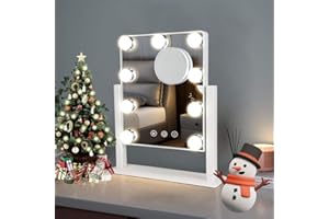 Depuley Hollywood Lusterko do makijażu z oświetleniem, obracane o 360°, 3 kolory światła, 9 ściemnianych świateł LED, białe lustro kosmetyczne z oświetleniem do toaletki, łazienki, salonu