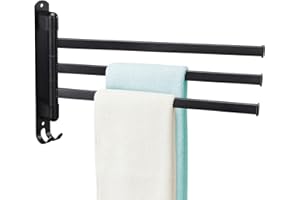 BestAlice Porte-serviettes pivotant pour salle de bain, barre porte-serviettes à 3 bras en acier inoxydable, support mural peu encombrant avec crochet, support de serviette rotatif à 180 degrés (noir)