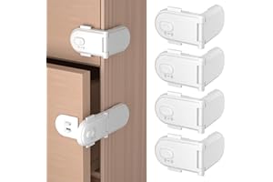 REDTRON Zamki do szafek dla dzieci z podwójnym wyłącznikiem bezpieczeństwa (4 sztuki, białe), nietoksyczne zamki do szafek dla dzieci, zamki do szuflad, drzwi, łatwe w montażu z klejem 3M