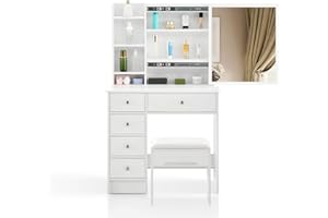 ‎CLIPOP CLIPOP Schminktisch mit Schiebespiegel,Frisiertisch mit 5 Schubladen und Offene Regale Moderner Make-up Tisch aus Holz mit Gepolsterte Hocker für Schlafzimmer,80 x 40 x 130 cm,Weiß