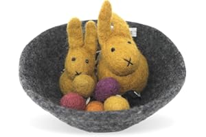 Én Gry & Sif Nido de Pascua Leni I de fieltro natural, Hand-Made, comercio justo, decoración de Pascua, cuenco gris oscuro, dos conejos amarillos