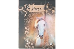 THEONOI Grazioso motivo a cavalli laminati – Scatola da collezione/quaderni/scatola da disegno/dosatore per documenti con gomma/elastico (cavallo 1A)