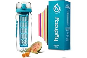 Hydracy Botella de Agua con Filtro infusor para Fruta 1Litro y marcador de hora - plástico Durable 100% sin BPA ìPerfecta para Hacer Deporte y cuidar tu Salud! - Azul Turquesa