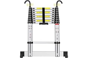 ACROHOME 2.6M/8.5FT Telescoping Ladder, Aluminum Lightweight Telescopic Ladders with Stabilizer and Detachable Hooks, Portable Extension Loft Ladder for RV or Outdoor Work, 330lb Capacity