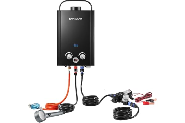 GASLAND BE158BP60-DE Chauffe-eau instantané à gaz sans réservoir 6 l 50 mbar, chauffe-eau instantané LPG portable avec pompe à eau 12 V pour douche de camping, excursion en camping-car, cheval de