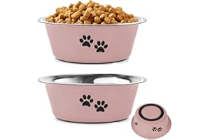 YUDANSI 860ml Pink Dog Bowls 2 Pack Small Medium Dogs Feeding Bowls Food Water Bowls with Non-Slip Silicone Sole, Stainless Steel Dog Dishes Elevated Raised Pet Feeder