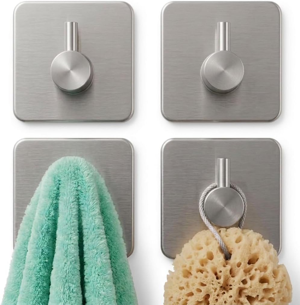 edihome, Ganchos Adhesivos para Pared, de Acero Inoxidable, Colgadores Resistentes sin Taladro, Diseño Cuadrado Moderno para Baño Cocina, Negro Blanco Gris (4, Plata)