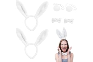 XNIVUIS 6 Pièces Bandeau avec Oreilles de Lapin de Pâques, Bandeau Oreilles de Laping en Peluche de Pâques NœUd Papillon et Queue Accessoires Costume Accessoire Deguisement Fête Décoration (Blanc)