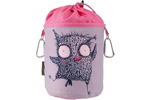 bellaCott Sac à Pinces à Linge Portable en Coton avec 2 mousquetons Robustes, Cordon de Serrage et bloqueur en métal pour Pinces à Linge - Motif Chouette Gris/Blanc/Rose