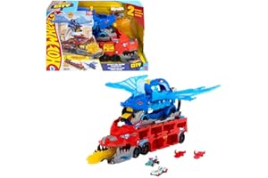 Hot Wheels City zestaw zabawkowych samochodów 2 w 1 i 2 samochody Die-Cast, duży smok i zdejmowany smok, z miejscem na ponad 20 pojazdów, JKJ79