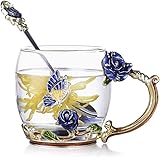 evecase Enamels Butterfly Flower Lead-Free Glass Coffee Mugs Tea Cup with Steel Spoon Set, Personalised Gifts for Women Wife 