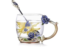 Evecase emaliowana szklana filiżanka do kawy, filiżanka do herbaty z motywem kwiatowym (Butterfly Flower), ze stalową łyżeczką, prezent dla kobiet Spersonalizowane prezenty dla mamy i przyjaciółki na urodziny, prezent na Dzień Matki