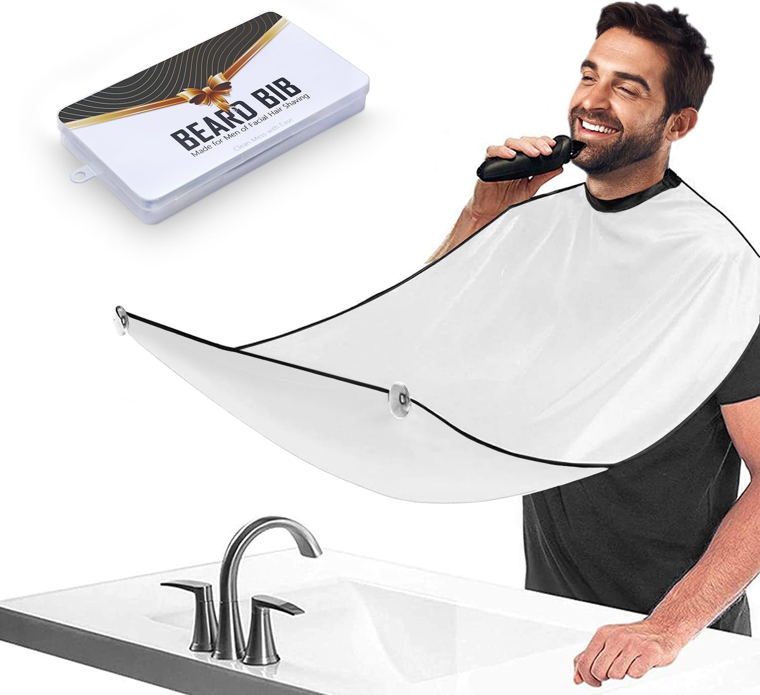 Delantal Barba Hombre, Capa para Afeitar Barba Impermeable y Antiadherente para Recoge Pelos Barba al Recortar la Barba, con 2 Ventosas, Regalo Hombre (Blanco)