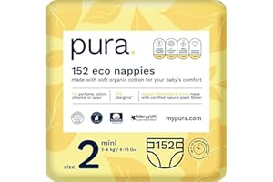 Pura Ekologiczne pieluchy, rozmiar 2 (mini 3-6 kg), 152 pieluchy (4 opakowania po 38), miesięczne pudełko, certyfikat EU Ecolabel, bawełna organiczna, bez zapachu, wskaźnik wilgotności