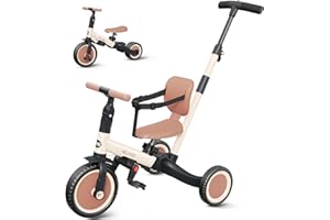 newyoo Triciclo per Bambini 1-3 Anni con Manico di Spinta, Bicicletta per Bambini, Regalo e Giocattolo per Bambini e Bambine, Triciclo 5 in 1 con Schienale e Cintura di Sicurezza, Kaki, TR007