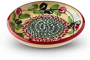 THE GREAT GARLIC GRATER Garlic Grater Plate. (#Ref 14). Handmade and Hand Painted in Cordoba, Spain. Yellow Plate with Green and Red Circles and Red Rim, Olive Pattern.