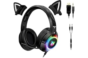 TCJJ Gaming Headset Cat Ears, Headphones Gaming with Removable Cat Ears, Cat Headphones Gaming with Mic for Xbox One, PS5, PS4, PC, Smartphone, with 3.5mm Plug