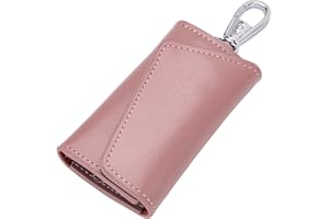 Aileder Key Wallet Unisex Key Holder Case Genuine Leather Keyring Purse with 6 Hooks & 1 Car Key Fob Holder (Light Pink)