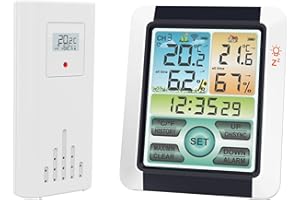 Lechnical Wireless Indoor Outdoor Hygrometer Thermometer Temperature Humidity Display Monitor Digital Weather Forecast Station Clock Alarm Clock with Colorful Touchscreen Adjustable Backlight