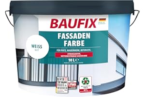 BAUFIX Fassaden-Farbe weiss, matt, 10 Liter, Außenwand Farbe, atmungsaktive Wandfarbe außen, wasserabweisend, wetterbeständig, mit Langzeitschutz