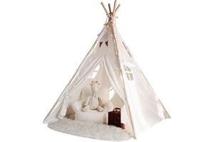 Tacobear Tipi Enfant Tipi Chambre Tipi Tente Fille avec Guirlande Lumineuse Plume Grande Tente de Jeu de Château Indian Teepee Portable Tente Maison de Jeu Intérieure pour Enfant Fille