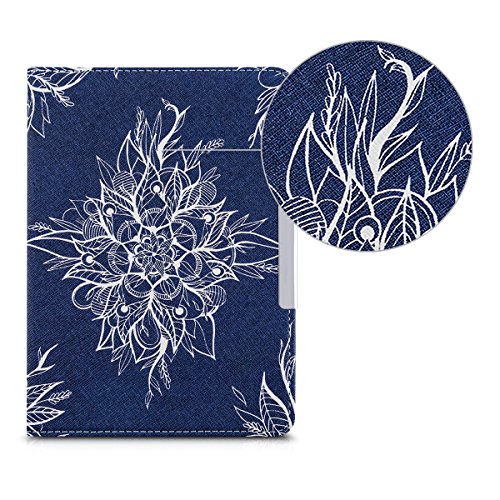 kwmobile Hülle für Tolino Vision 1 / 2 / 3 / 4 HD – Flipcover Case eReader Schutzhülle – Bookstyle Klapphülle Batikblume Design Weiß Dunkelblau - 6