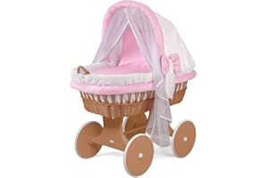 WALDIN BABY COLLECTION WALDIN Cuna Moisés, Carretilla portabebés XXL, 54 Colores a Elegir, Madera/Ruedas Lacado de marrón, Color Textil Rosa/Agujas