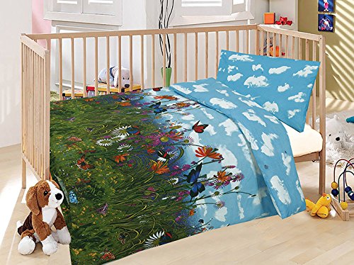 COT BED DUVET COVER WITH PILLOWCASE- SUPERIOR NATURAL COTTON RICH 120 X 150 CM - WILD FLOWERS