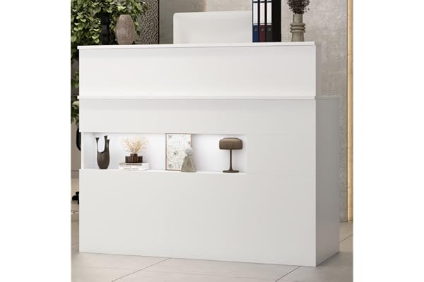 Caldion Comptoir de réception avec tiroir verrouillable Comptoir d'accueil avec Lumière à LED Bureau de d'accueil avec Rangement Table de réception pour Klinik Salon Lobby Magasin Blanc 120x50x100cm