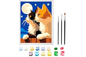 Zimrobin Malen Nach Zahlen ab 5 6 7 Jahre Mädchen, Malen Nach Zahlen für Kinder mit Rahmen 3 Pinsel und Acrylfarben, 18 X 24cm（Kitten in der Nacht）