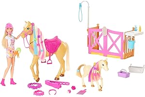 Barbie con Caballo y Poni Muñeca Rubia y Poni de Juguete, Accesorios de establo y para peinar, Regalo para niñas y niños +3 años (Mattel HGB58)