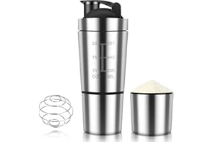 HIULLEN Edelstahl Protein Shaker, 600+200ML Sport Fitness Protein Shaker, Eiweiß Shaker Becher mit Pulverfach für Cremige Eiweiß Shakes, Gym Workout Fitness Training Sport(Silber)