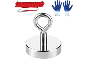 POWMAG 180 kg Adhesive Force Neodymium Eyelet Magnet, N52 Super Strong Mountain Magnet for Magnetic Fishing, Diameter 60 mm, Search Magnet with 20 m Rope, a Pair of Gloves, Neodymium Pot Magnet Strong