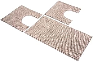Riad Arredo Set Tappeti Bagno 3 Pezzi in microfibra - Tappeto Assorbente Antiscivolo Morbido - Parure tappetini Bagno con Tappetino e 2 Girowater/Girobidet - Lavabile Lavatrice (Beige)