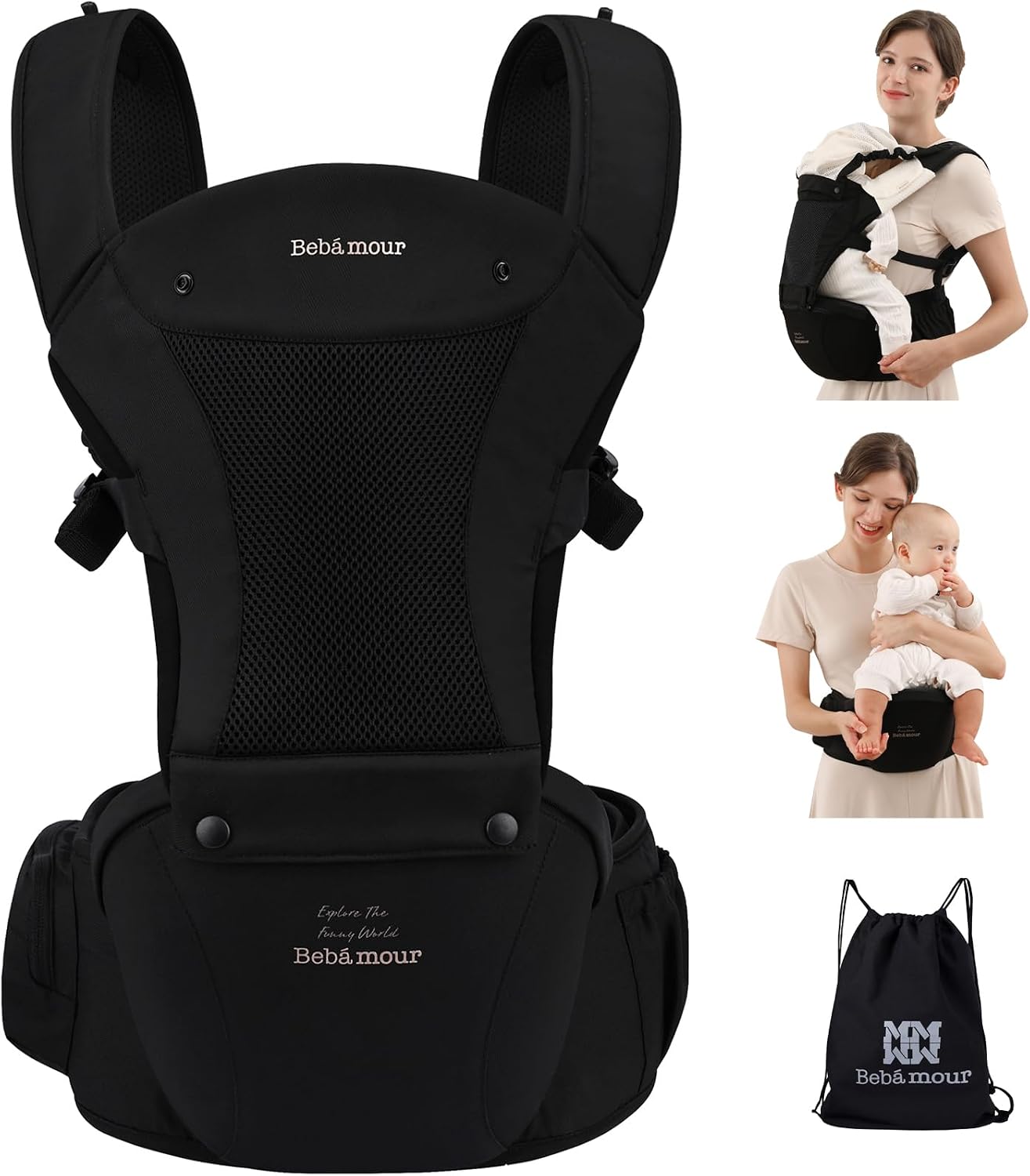 Bebamour Baby Carrier Newborn to Toddler Baby Carrier Hipseat 0-36Months with Head Hood, 3 PCS Teething Pads, Waist Extender, Black