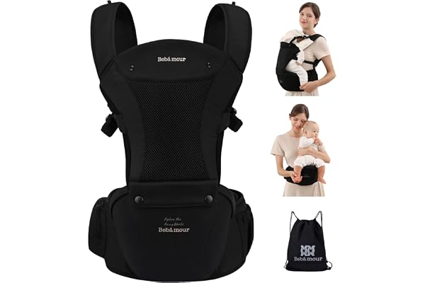 Bebear Porte bébé,Bebamour Porte bébé Ergonomique avec Siège à Hanche/Pur Coton Léger et Respirant/Multiposition, Baby Carrier for 0-36Months(New Black Pro)