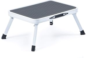 ‎KINGRACK KINGRACK Tritthocker, Trittstuhl, zusammenklappbar, einstufige Leiter mit Rutschfester Gummimatte, Leichter Stahl, für bis zu 150 kg, Weiß