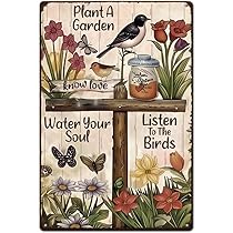 Garden Tin Sign – Vintage Metal Wall Art With Floral & Bird Design, Inspirational Quote