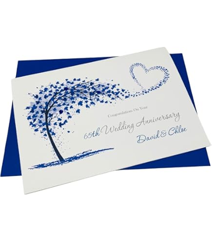White Cotton Cards BD165C Coupe Glass - Tarjeta De 65 Aniversario Hecha A Mano Con Diseño De Zafiro Azul, 65 Años