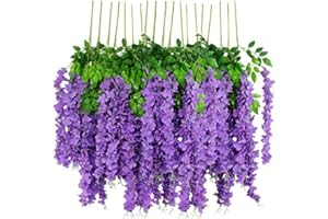 HANYUN 12pcs Artificial Wisteria Flowers 43 inch/Piece Purple Dense Artificial Fake Wisteria Vine Ratta Hanging Garland Silk Flowers String Home Party Wedding Decor (Purple-Dense)